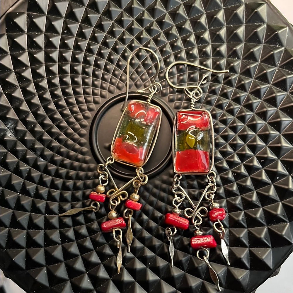 3” Rare Vintage Estate Murano Glass Handcrafted Red Silver Dangle Earrings
